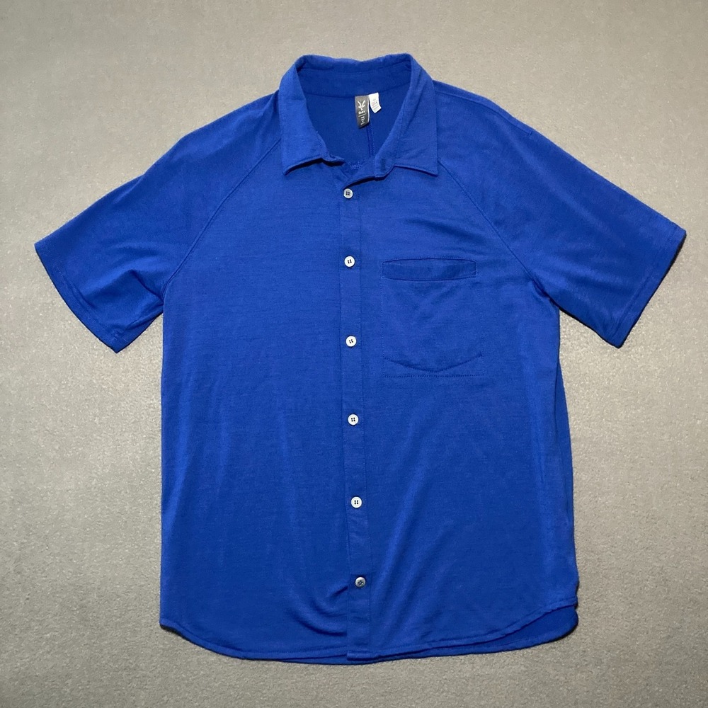 ibex Zque Merino Wool Short Sleeve Button Up Shirt Men's Medium Blue Made in USA